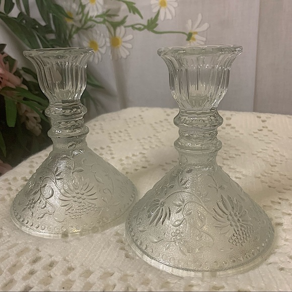 Bohemia Czech clear glass floral candlestick set